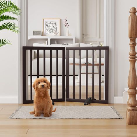Barrière d'intérieur en bambou pour chien à 2 panneaux autoportantes pour la maison avec 2 supports métalliques de 61 cm de haut, barrière de sécurité pliable en bois pour escaliers, porte (1/5)