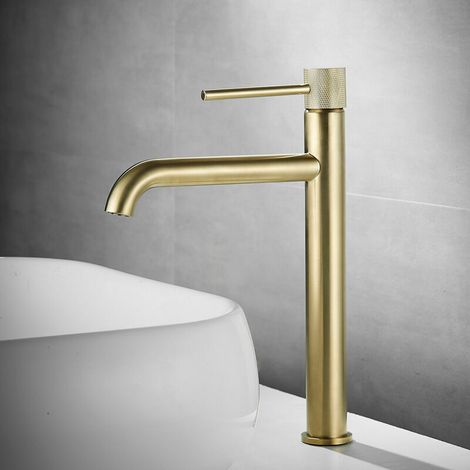 KZQ – Robinet simple de lavabo – Finition laiton or – Hauteur 280 mm – Bec 130 mm – Montage à poser – Garantie 5 ans (1/4)