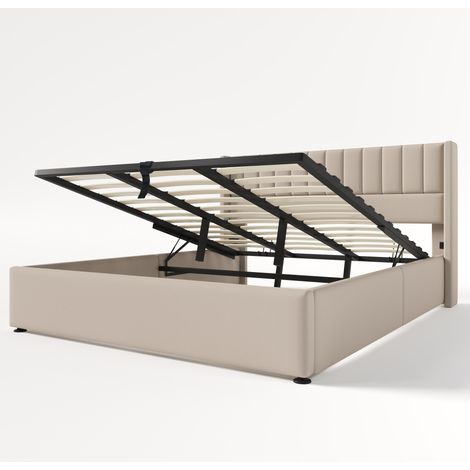 CAIziLit coffre 180x200 cm beige, hydraulique, lin, sommier bois+métal (1/5)