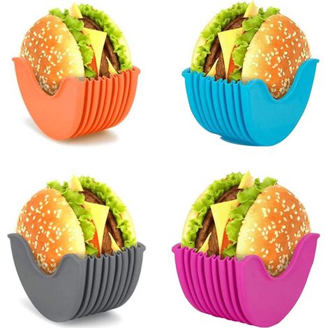 BEBUSINGOTO Paquete de 4 soportes retráctiles de silicona para hamburguesas - Reutilizables - Ideales para adultos y niños amantes de las hamburguesas - Disponibles en cuatro colores (1/5)