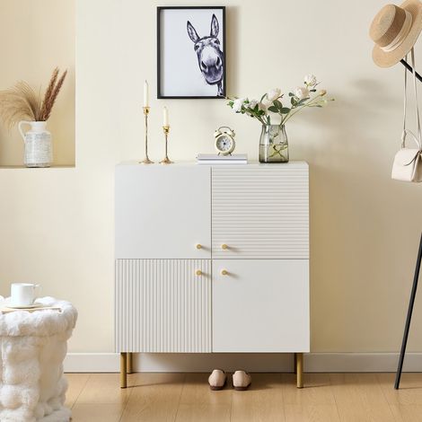 Buffet MDF blanc moderne 80x36x90cm poignées alliage zinc pieds acier, meuble rangement élégant salon chambre couloir (1/5)