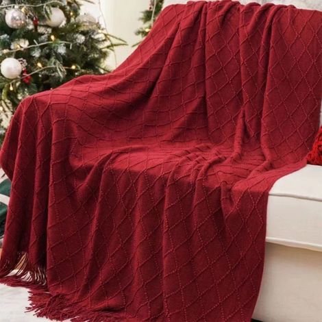 Plaid Tricoté Coton - Rouge - Style Nordique - Pour Canapé Lit ou Sieste - 130 x 168 cm - 1 Pièce (1/5)