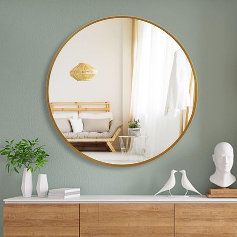 Miroir Mural Ø60cm, Miroir Rond avec Cadre en Métal Doré, Miroir Décoratif pour Salle de Bain, Chambre, Salon, Couloir, Miroir Maquillage Moderne, Miroir Suspendu Or (1/4)