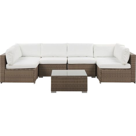 Conjunto de jardín de ratán sintético marrón con cojines blancos 6 plazas sofá esquinero modular mesa de centro Belvedere