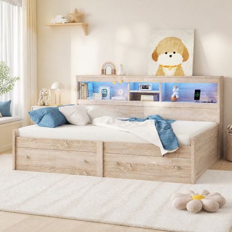 DESMIU Lit banquette 90 × 200 cm 1 place avec 2 tiroirs, USB, LED réglable et 2 prises, sans matelas, naturel (1/5)