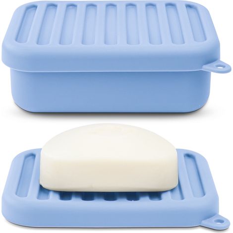 Auslaufsichere Reiseseifenschale mit Abflussdeckel Tragbare Silikon-Reiseseifenschale, ideal für Camping, Fitnessstudio und Reisen – Blau (1/5)