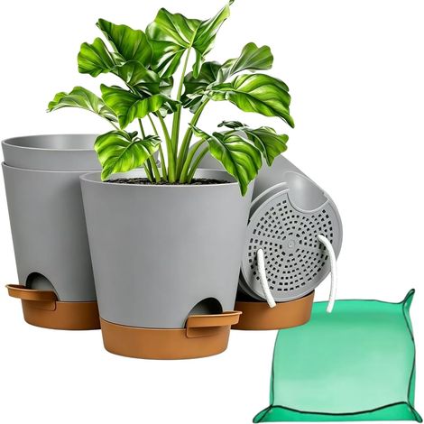 Pot de Fleurs Gris 17.8cm 4 Pièces, Pot à Arrosage Automatique Plastique Réutilisable, Pot de Rempotage Pliable Pratique pour Plantes d'Intérieur Balcon Jardin Maison (1/5)