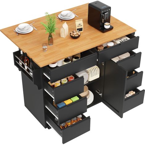 Carrello da Cucina con 8 Cassetti, 1 Anta, Ripiano Regolabile, Piano Ribaltabile e Ruote, in MDF, Nero, 122x46x91,5 cm (1/5)