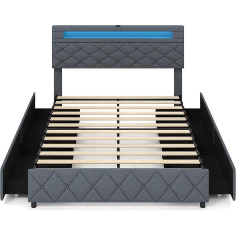 COSTWAY Letto Matrimoniale 140x200 cm, con Luci LED e Porte USB, Letto Piattaforma Rivestito con Cassetti e Testiera Regolabile con Spazio di Stoccaggio, Doghe in Legno (1/5)