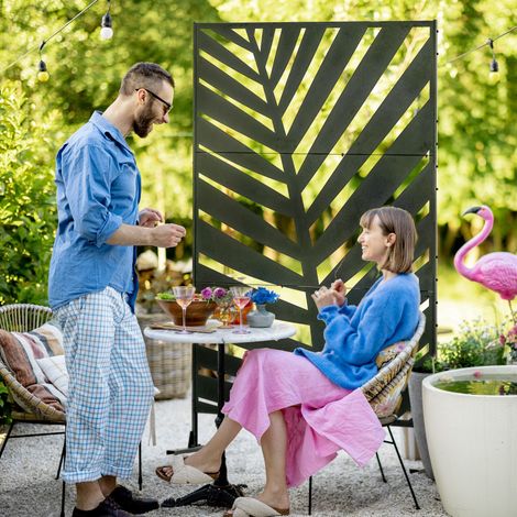 Panneau occultant balcon 122x198cm, séparateur motif feuilles de bananier, cadre en acier noir, idéal terrasse, jardin et extérieur