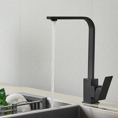 Quadratische Küchenarmatur in poliertem, mattschwarzem Design, Warm- und Kaltwasserarmatur für Küchenspülen, 360-Grad-Schwenkmischer, einteilige Aufsatzarmatur (Farbe: Schwarz) (1/5)