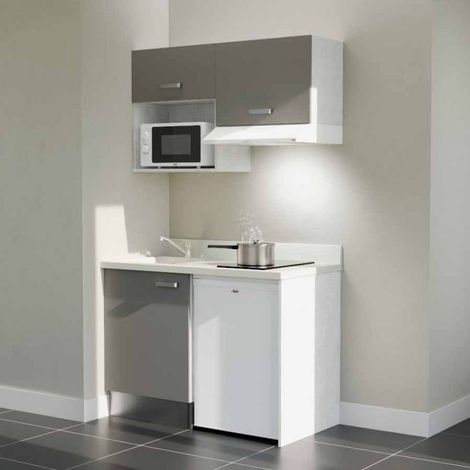 Kitchenette K02L - 120 cm - plan monobloc évier intégré Snova- évier à gauche - Façades Gris + Electroménager inclus coloris Blanc (1/5)