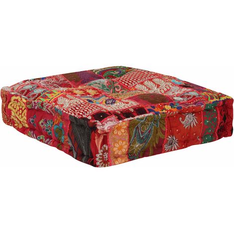Pouf Carré Coussin de Sol Fait Main en Coton Vintage Patchwork Rouge 50 x 50 x 12 cm (1/5)