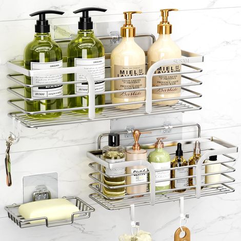 Adhesive shower shelf with soap dish and 4 hooks, rustproof, no drilling required, wall-mounted, silver (1/5)
