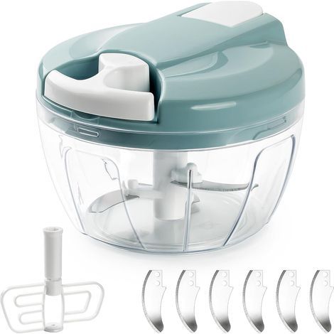 Picadora manual de alimentos de 520 ml, picadora manual de cebollas con 3 cuchillas de acero inoxidable, 3 cuchillas adicionales y 1 batidora, mezcladora manual, cortadora manual de cebollas para cebo (1/5)