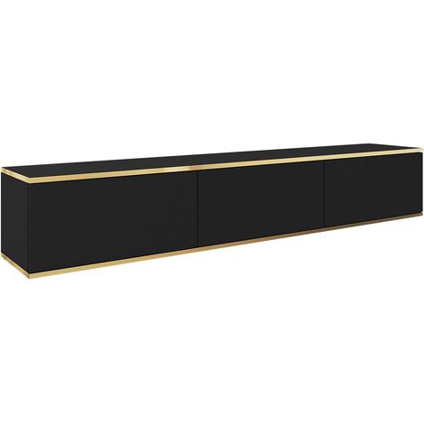 Mirjan24 – Meuble TV Felduno 100 – Noir et doré – 3 portes – Dimensions 175x30x32cm – Bords protégés ABS – Mécanisme push to open (1/4)
