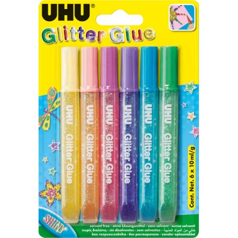 UHU - COLLE SCINTILLANTE GLITTER GLUE SHINY,CONTENU:6 X10ML YOUNG CREATIV SHINY, SANS SOLVANT 39121 (1/4)
