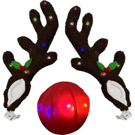 Décorations de Noël pour voiture – Bois de renne lumineux avec nez Décoration extérieure de voiture de Noël, pour véhicule automobile, VUS, fenêtre extérieure, toit (1/5)