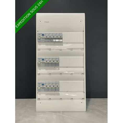 Hager – Tableau électrique 3 rangées équipé – 13 modules par rangée – 1 différentiel 63A type A – 1 différentiel 63A type AC – 1 différentiel 40A type AC