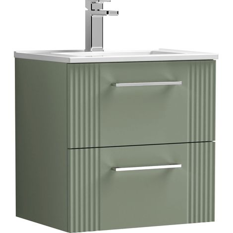 Nuie Deco Satin Green 500mm Wall Hung 2 Drawer Vanity Unit and Minimalist Ceramic Basin - DPF892B