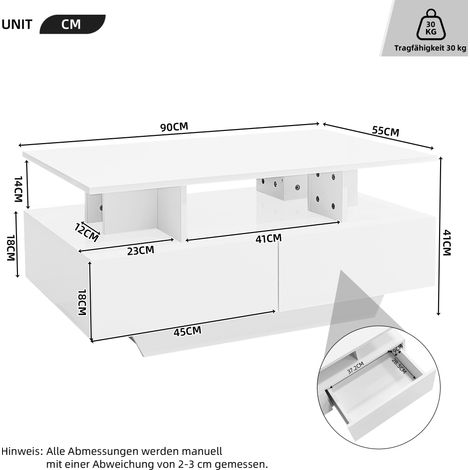 Modernes Hochglanz-Couchtisch mit LED-Beleuchtung und 2 Schubladen – Stilvoller 90x55x41 cm Beistelltisch mit Stauraum, Belastbar bis 30 kg (1/5)