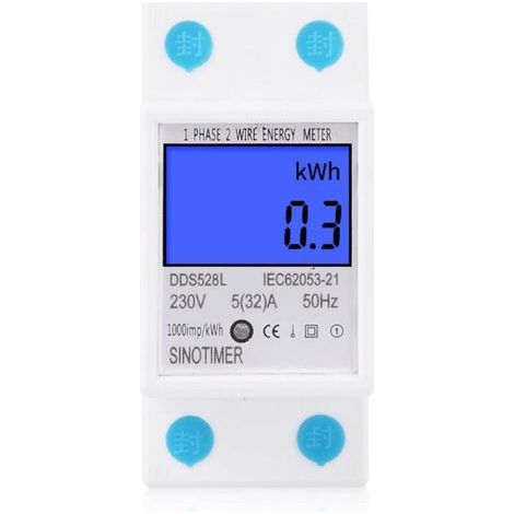Compteur électrique, Compteur D'Énergie 230V 5 (32) A 2 fils 2P Écran Numérique LCD avec rail DIN Monophasé Électronique Rail-Électronique d'alimentation numérique KWh (1/4)