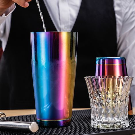 Stilvoller, farbenfroher Boston Cocktailshaker aus Edelstahl – Mix- und Schüttelwerkzeug-Zubehör für die Bar (1/5)