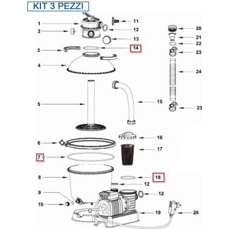 BESTWAY Kit 3 pezzi Guarnizioni Pompa Modello 58257-58258-58400 3785 lt/h