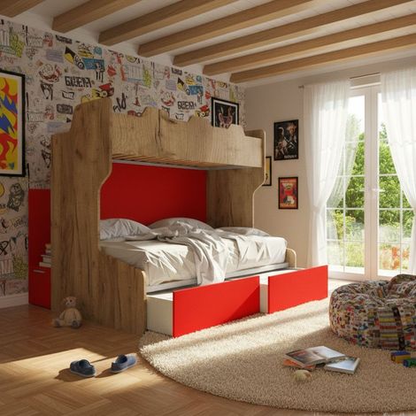 Letto a castello salvaspazio con scala contenitore - 1 Piazza e mezza + singolo - Quercia e Rosso (1/5)