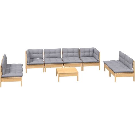 Set Divani da Giardino 9 pz con Cuscini Grigi Massello di Pino vidaXL (1/4)