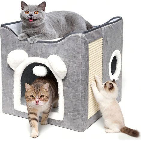 Foldable Cat House, 2 Levels with Cushions, Sisal Scratching Post, Hanging Ball, Indoor (1/5)