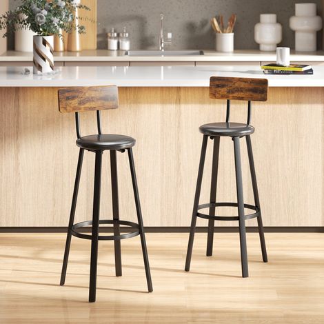 Lot de 2 tabourets de bar avec repose-pieds et dossier, hauteur d'assise de 75,5 cm, marron rustique, pour la cuisine et le comptoir.