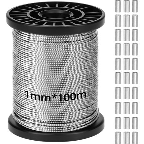 Stainless Steel Cable 1 mm x 100 m - Stainless Steel 304-7x7 Stranded - 100 kg Resistance - with 30 Serer Sleeves (1/5)