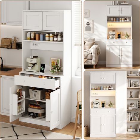 Mueble de cocina de 180 cm, armario alto con iluminación LED, estante de cocina con enchufe, especiero y cajón grande para cocina, comedor y sala de estar. (1/5)