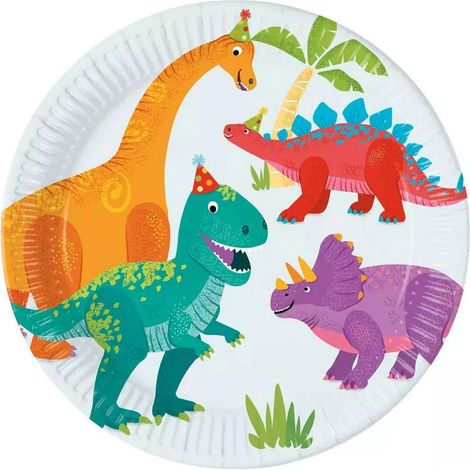 Pappteller mit fröhlichen Dinosaurier-Motiven für Geburtstagsfeiern, 23 cm, 8 Stück (1/2)