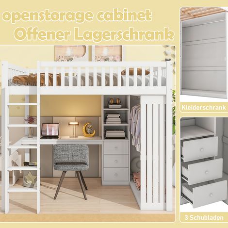 Lit en mezzanine, 140200 cm, bureau, armoire, 3 tiroirs, rangement ouvert, balustrade, escalier, sans matelas, blanc (1/5)
