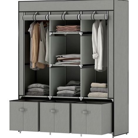 Armario de tela con barra, estantes y cajones, 125 x 43 x 162,5 cm, gris claro (1/5)