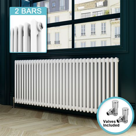 ELEGANT Traditional Horizontal Radiator White Double Radiator Central Heating Column Rads With Valves 600 x 1484 mm