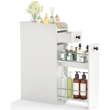 Petit Meuble Salle de Bain avec Tiroirs, Meuble Rangement Étroit pour Papier Toilette, Armoire de Toilette pour Petit Espace, 18 x 40 x 70 cm, Blanc