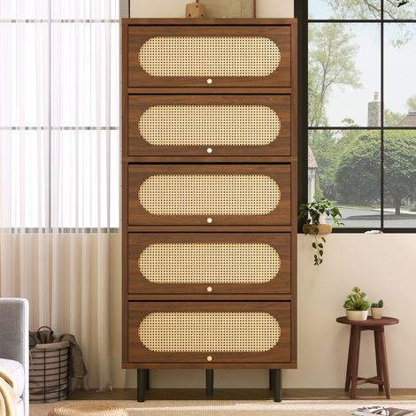 CHICFURN Aparador alto 80x40x163 cm de MDF, ratán y metal, nogal, gran almacenaje (1/5)