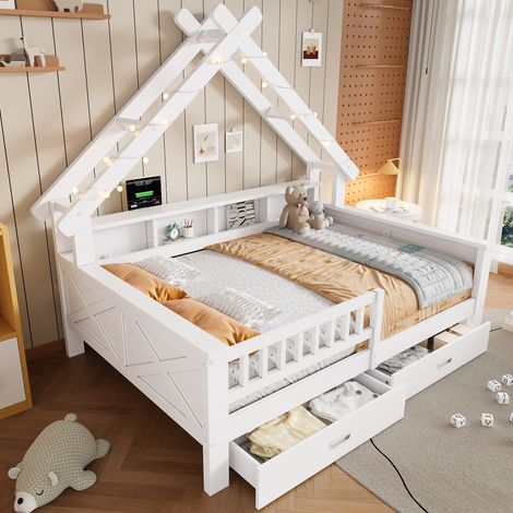 DESMIU Lit cabane Lit Double avec LED, 2 tiroirs, étagères et barrière 140 × 200 cm, sans matelas, blanc (1/5)