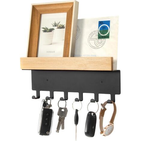 Porte Clef Mural, Porte clé mural en Acier Inoxydable Bambou, Accroche Support Rangement Clef Mural pour Lentrée Cuisin (Noir, 6 Crochets 26cm)-Muntra (1/5)