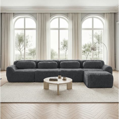 Sofá rinconero modular de 4 plazas con chaise longue, tejido efecto peluche gris HAVRYA (1/5)