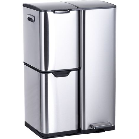 Cestino Relaxdays, 3 scomparti, 60 L, innesti estraibili, chiusura soft-close, pedale, acciaio inox, argento