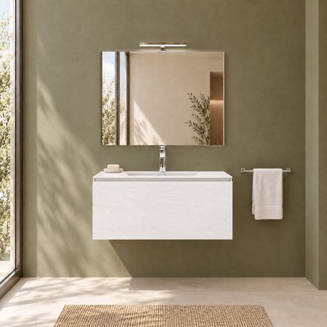 Meuble De Salle De Bain Suspendu Blanc 80 Cm Avec Tiroir, Lavabo En Céramique, Miroir Et Lampe Berlin (1/5)