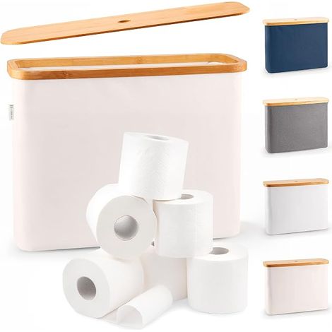 Portarrollos de papel higiénico plegable y apilable con tapa de bambú para 12 rollos. Organizador de baño impermeable y elegante. Cesta de papel higiénico beige. (1/5)