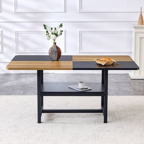 Table à manger rectangulaire 160 x 90 cm pour 4-6 personnes, design industriel bois et métal noir, table de cuisine avec étagère de rangement intégrée (1/5)
