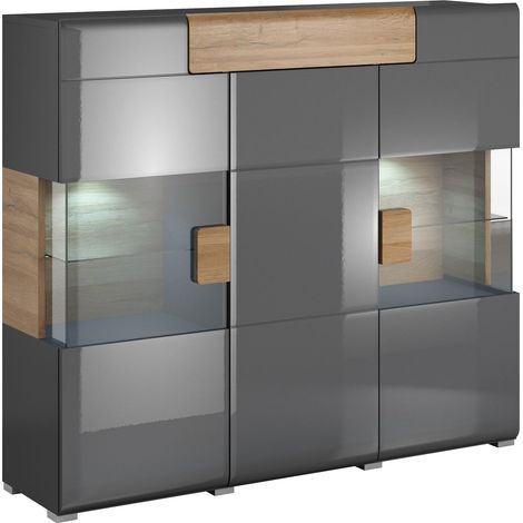 Aparador Torsone 100, Antracita + Gloss antracita + Roble nieto, 132x147cm, Número de puertas: 339cm, Vidrio, Aglomerado laminado (1/4)
