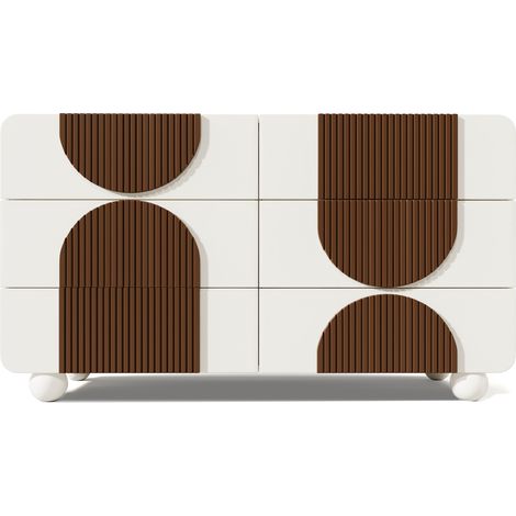 Kommode mit 6 Schubladen, geschwungenes Design, Weiß mit Holzoptik-Leisten, 121x71x41 cm (1/5)