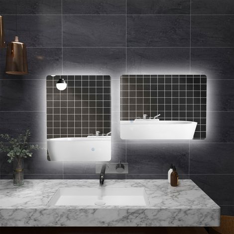 Espejo de baño LED, 70x50 cm, 3 colores, 3000K-6500K, interruptores táctiles, espejo de pared retroiluminado con brillo ajustable, función de memoria y antivaho, IP44 (1/5)